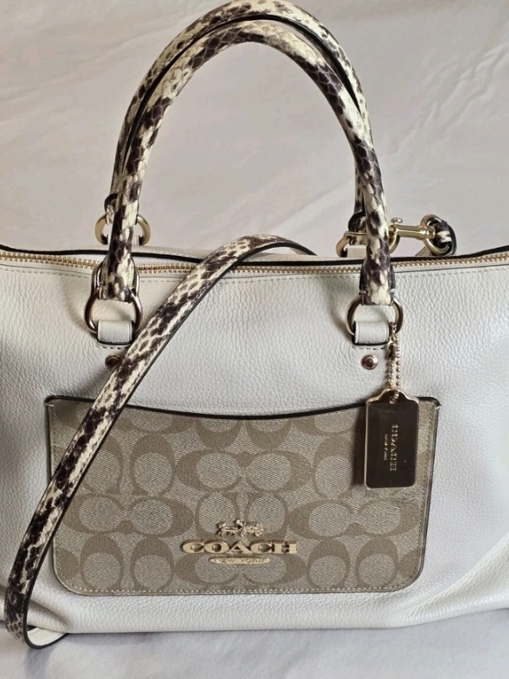 Coach Cream and Beige Signature Pocket Leather Satchel - Picture 4 of 8